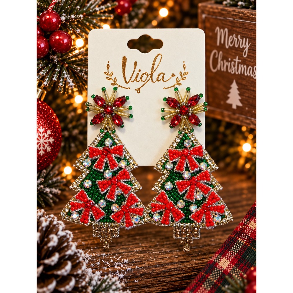 Christmas Tree Seed Bead Earrings Red Bows Rhinestone Holiday Statement